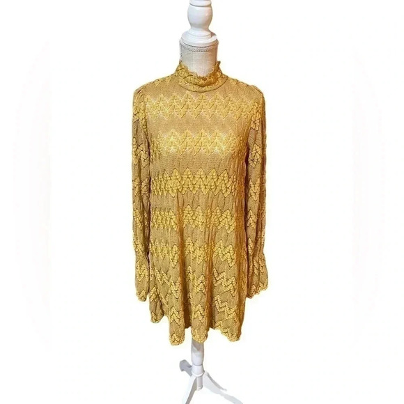 Free People Simone Mock Neck Lace Flared Long Sleeves Mini Dress Yellow Size S - Picture 1 of 13
